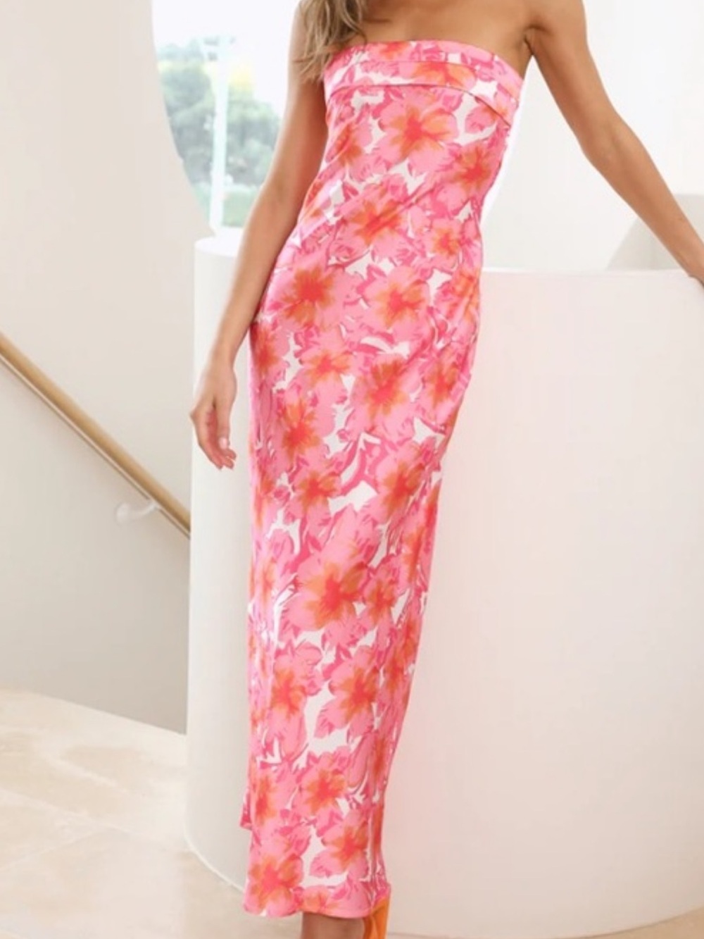 Hello Molly Pink and Orange Floral Strapless Maxi Dress